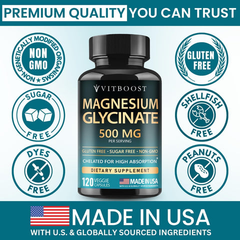 VITBOOST Magnesium Glycinate 500mg - Support Sleep 120 Veggie Capsules