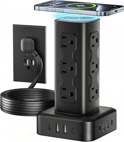 PD65W Power Strip Tower with 12 AC Outlets & 8 USB Ports(4 USB C), 6FT Cord