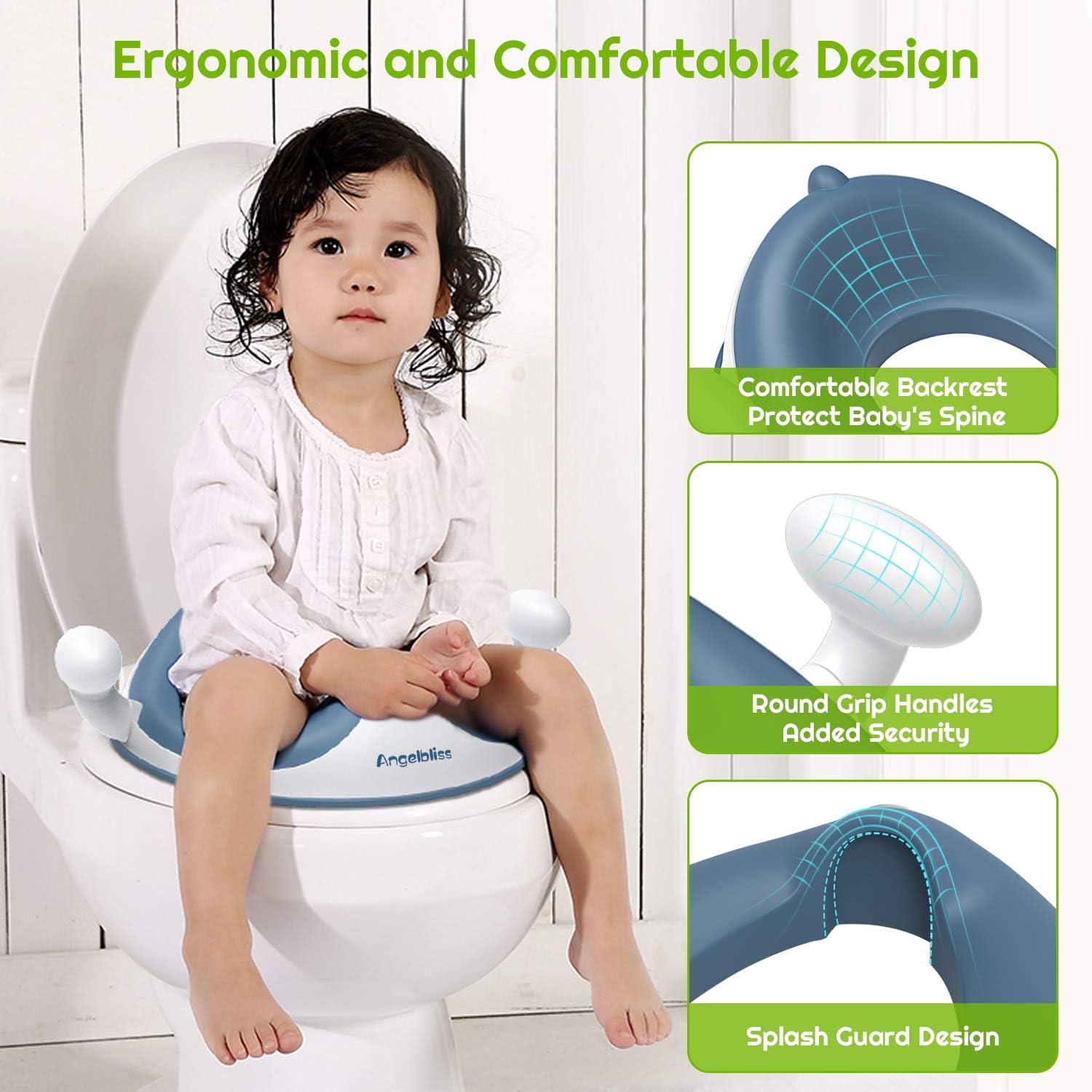 ANGELBLISS Potty Training Toilet Seat with Cushion, Handles, Splash Guard