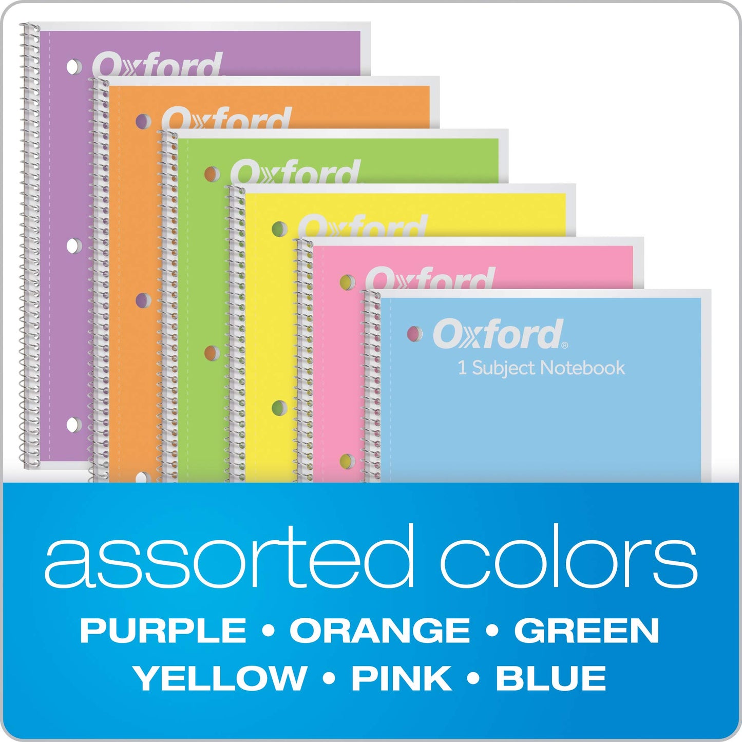 Oxford Spiral Notebook 6 Pack, 1 Subject, College Ruled Paper, 8 x 10-1/2 Inch, Pastel Pink, Orange, Yellow, Green, Blue and Purple, 70 Sheets (63756)