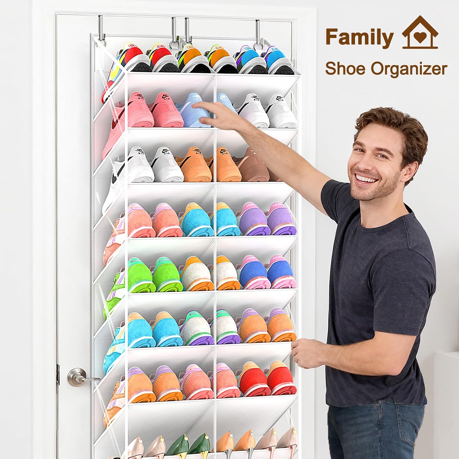 UVIAHOMI 20-30 Pairs Over the Door Shoe Organizer, Clear Pockets Hanging Shoe Storage for Closet, 10-Tier Door Shoes Rack, Handing Shoes Holder Fit All the Family's Sneakers, Boots, Heels, White