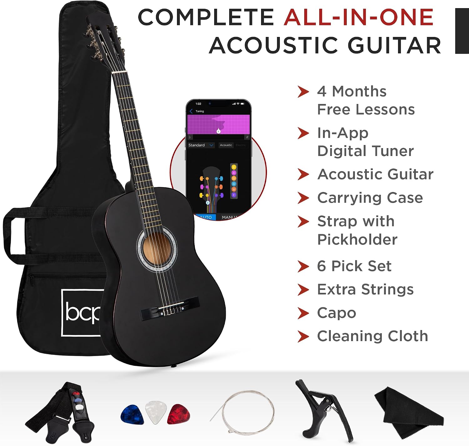 Best Choice Products 38in Beginner All Wood Acoustic Guitar Starter Kit w/Gig Bag, 6 Picks, Nylon Strings, Strap w/Pick Holder - Matte Black