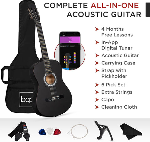 Best Choice Products 38in Beginner All Wood Acoustic Guitar Starter Kit w/Gig Bag, 6 Picks, Nylon Strings, Strap w/Pick Holder - Matte Black