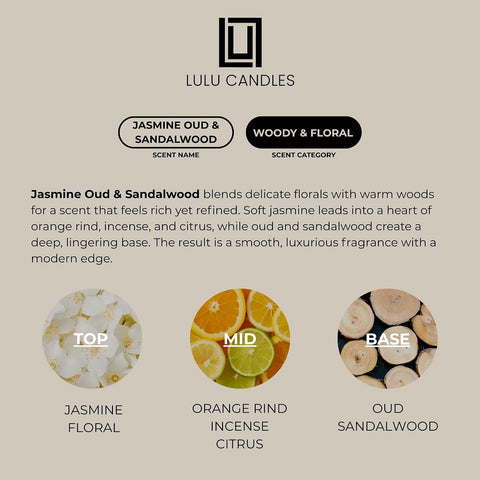 Lulu Candles Jasmine, Oud & Sandalwood Scented Soy Blend Jar Candle, 9 Oz.