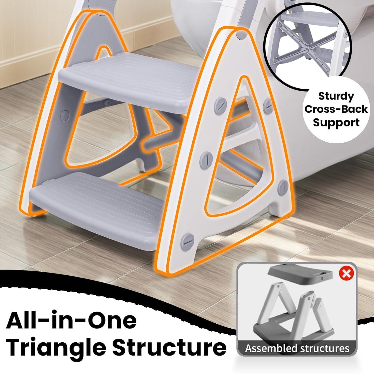 Primlect Potty Training Toilet, 2-in-1 Stable Potty Seat with Step Stool | Adjustable Seat and Step Height, Extra Wide Step, Anti-Slip Pad, Splash Guard, for Boys and Girls, Grey