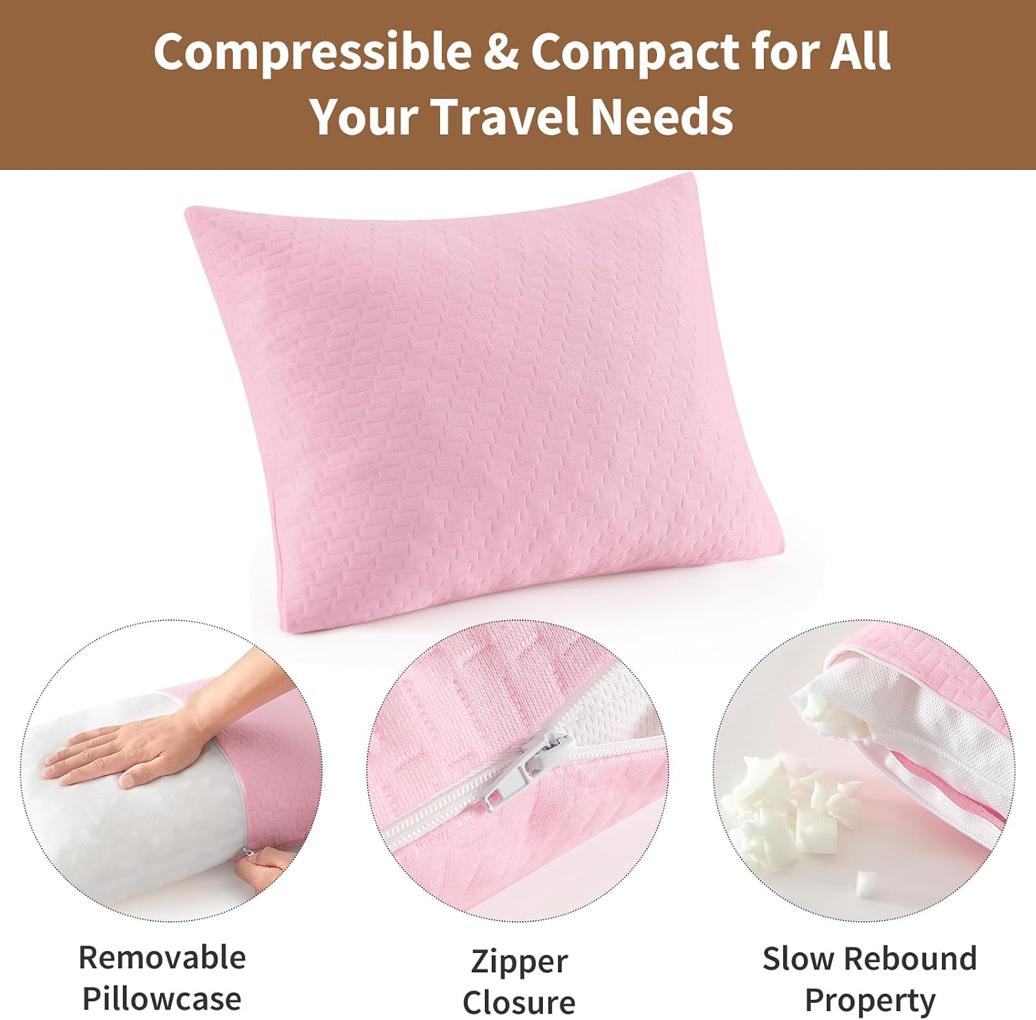 Small Shredded Memory Foam Pillow, Camping Pillow Travel Pillow - Compressible Medium Firm, Breathable Cover, Ideal Backpacking Hiking, Airplane and Car (Apricot Pink, S)