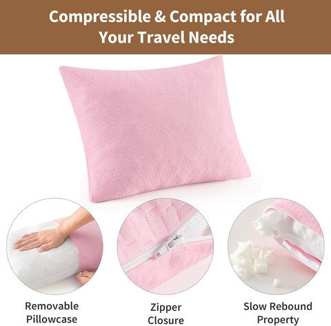 Small Shredded Memory Foam Pillow, Camping Pillow Travel Pillow - Compressible Medium Firm, Breathable Cover, Ideal Backpacking Hiking, Airplane and Car (Apricot Pink, S)