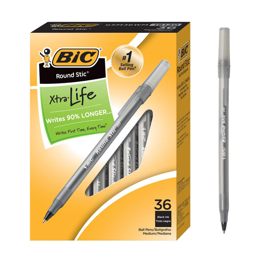 BIC Round Stic Xtra Life Ball Point Pen, Black, 36 Pack