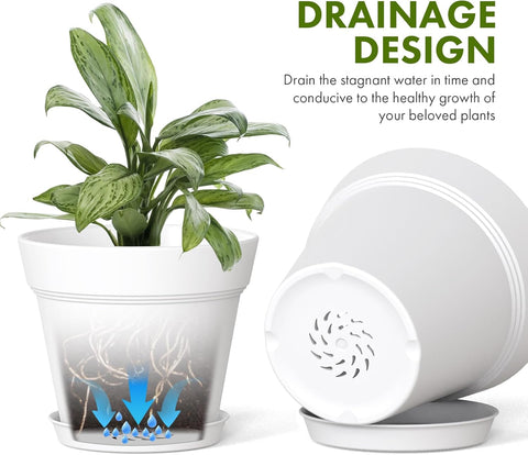 WSMKSZ 5 Inch Plastic Plant Pots with Drainage Holes and Trays – 6 Pack Small Nursery Pots for Indoor & Outdoor House Plants and Flowers, Seedling Starter Planters, White
