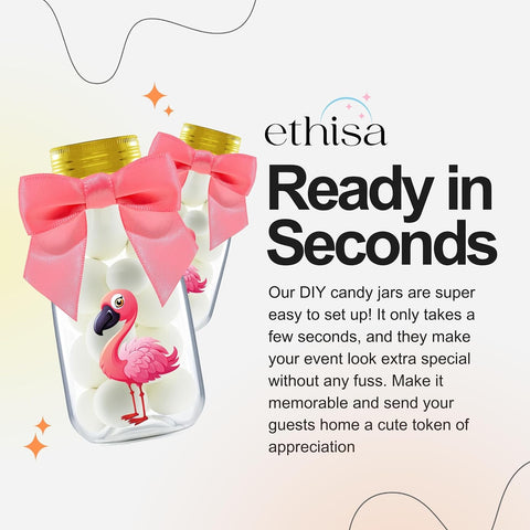 Ethisa Small 12 Pack Flamingo Party Favors - DIY Candy Jars with Ribbons and Stickers - Party Decoration Bottles for Birthday, Baby Shower and Bachelorette - Pink Table Centerpiece for Adults
