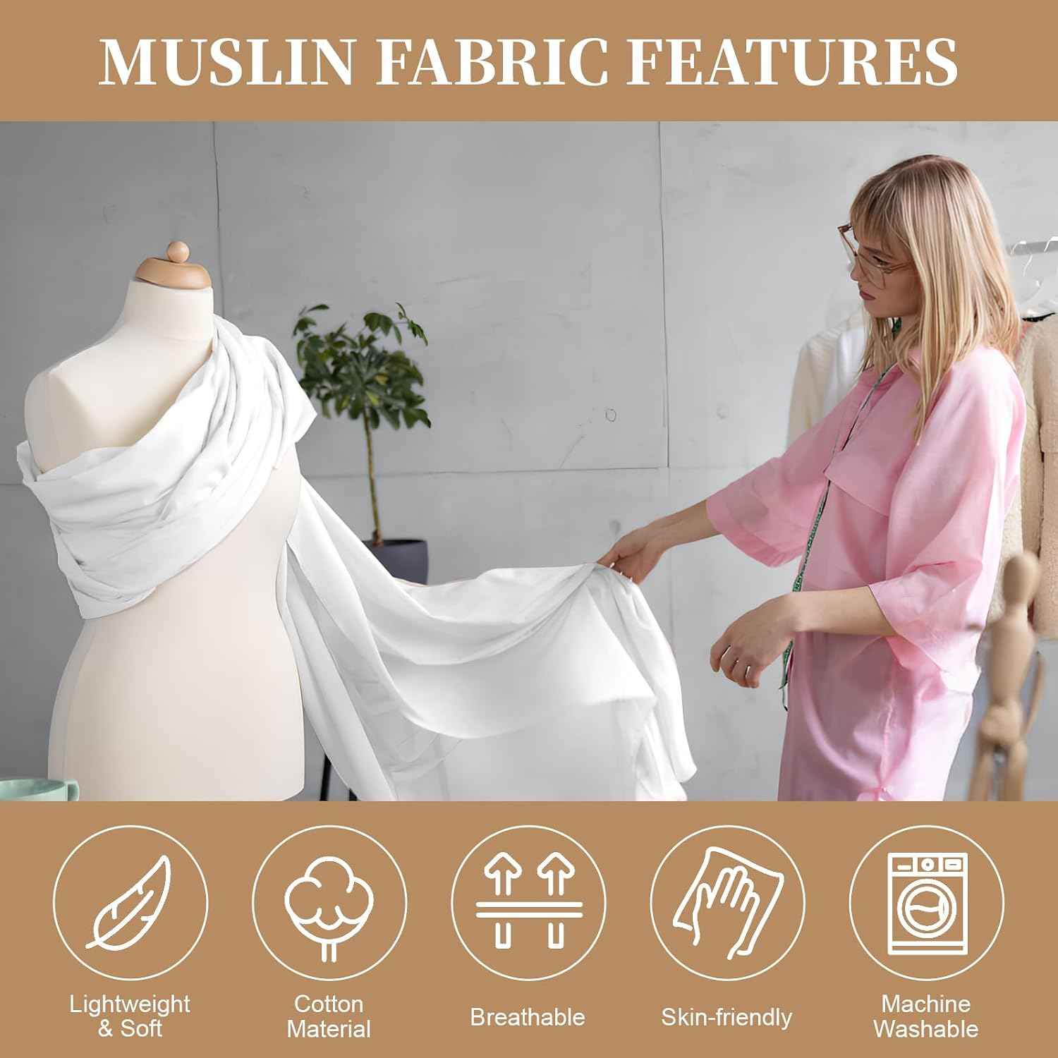100% Cotton Muslin Fabric, 59 Inch X 2 Yards White Fabric by The Yard