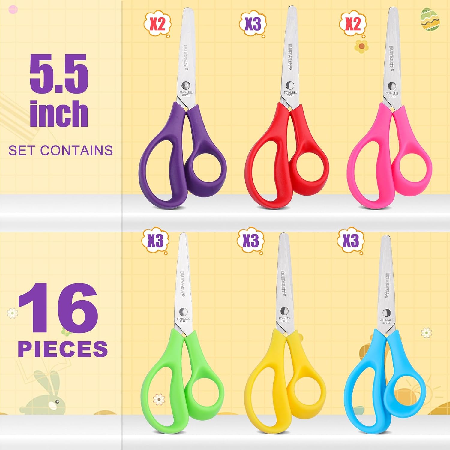 BURVAGY 5.5" Kids Scissors Safety Child Small Scissors for School 16 Pack