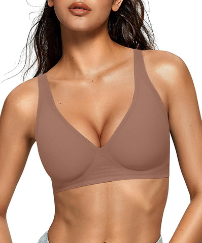 OEAK Womens Jelly Bras Wireless Deep V Comfy Push Up Tshirt Bras XXL Coffee