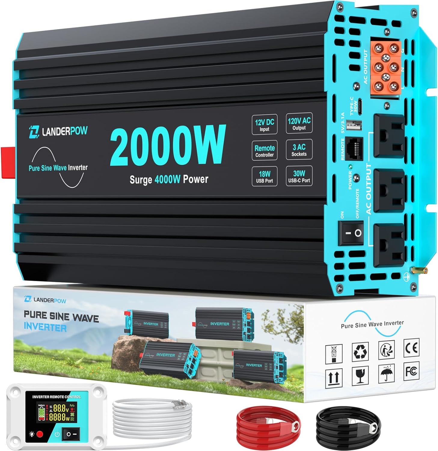 2000 Watt Inverter, 12V DC to 120V AC Pure Sine Wave 4000W Surge