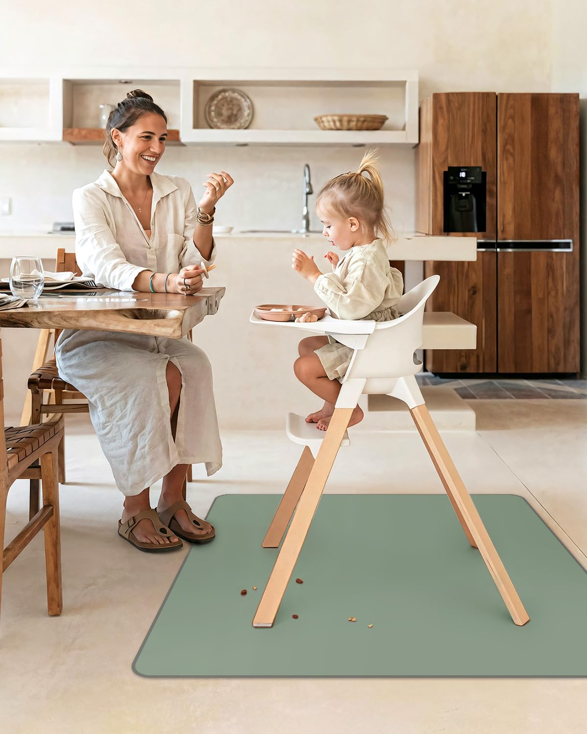Blissful Diary Baby Splat Mat for Under High Chair, 50.4 x 50.4 Inch Wipeable Splash Mat, Waterproof and Washable, Anti-Slip Floor Protector, Sage Green