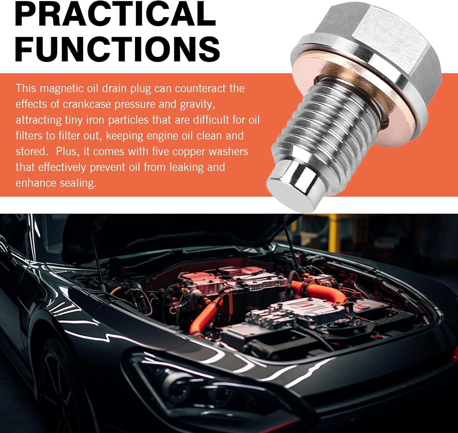 M12 x 1.25 Magnetic Oil Drain Plug, Magnetic Stainless Steel Oil Pan Drain Nut Bolt with 5 PCS Copper Crush Washer Anti Leakage, Universal Leak-proof Replacement,Fits Most Cars, Motorcycles, Boats