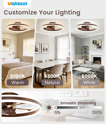 VOLISUN Low Profile Ceiling Fans with Lights and Remote, 20in Flush Mount Ceiling Fans with Light, 3000K-6500K Dimmable Fandelier LED Fan Light, Farmhouse Ceiling Fans with Lights for Bedroom