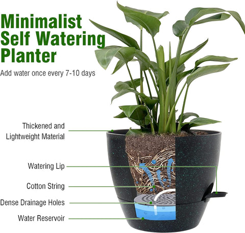 WSMKSZ 12 inch Large Self Watering Pots, Planter, Plant Pots with Mesh Drainage Holes for Indoor Outdoor House Plants and Garden, Plastic Flower Pots with Reservoir, Black with Green Speckles