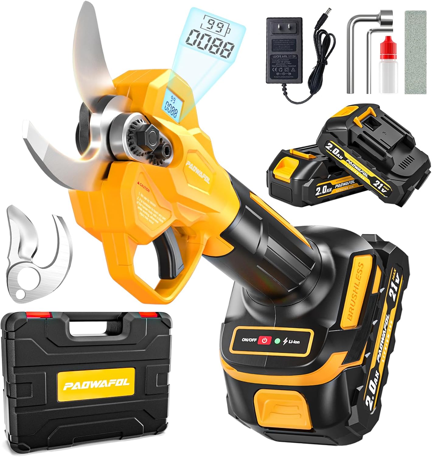 2.05"/ 52mm Electric Pruning Shears, Cordless Electric Scissors LCD Display＆SK7 Blades, 21V Brushless Motor Branch Cutter with 2 PCS Rechargeable 2000mAh Batteries & 2 Blades (Yellow)