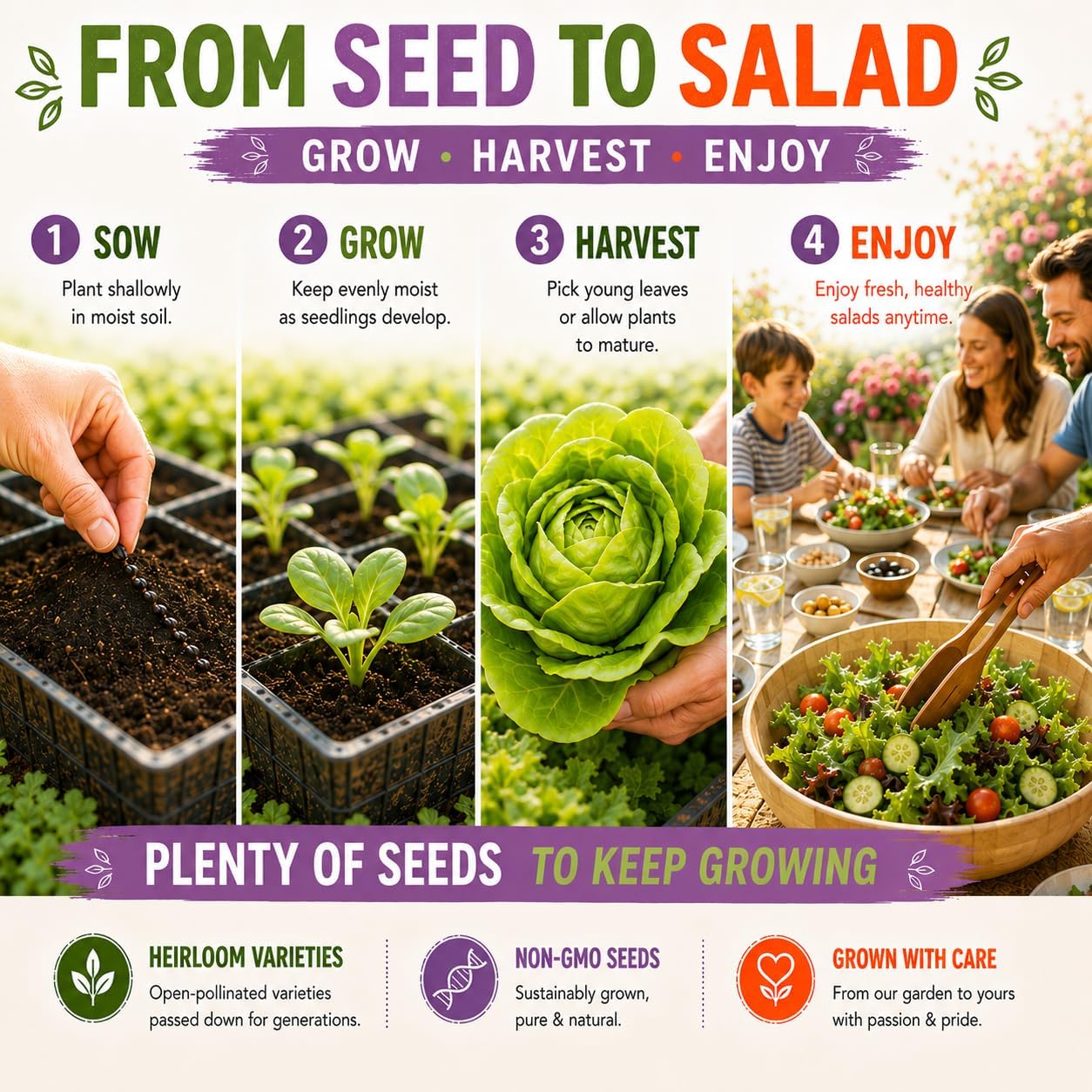 NatureZ Edge Lettuce Seeds for Planting, 4 Popular Varieties Non-GMO Heirloom Seeds, Red Romaine, Bibb Butter, Black Seeded Simpson, Green Ice Lettuce, Romaine, Salad Lettuce, Hydroponic Garden, USA