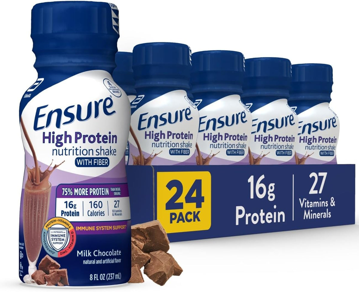 Ensure High Protein Bottled Milk Chocolate Nutrition Shake with Fiber, Ready to Drink, 16g Protein and 27 Vitamins and Minerals, 8 fl oz, 24 Pack