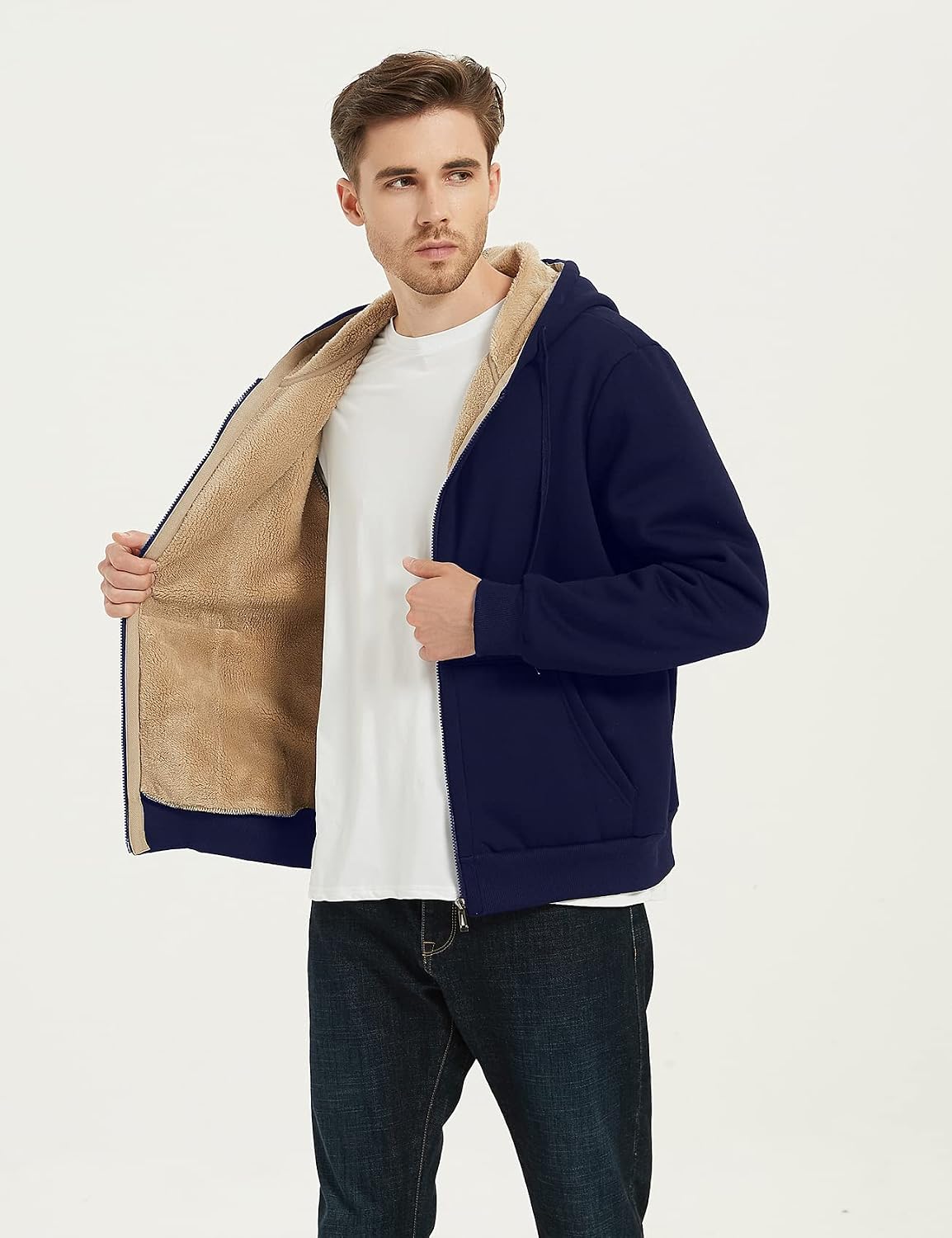 Flygo Mens Sherpa Hoodie Jacket Warm Fleece Lined Zip Up Sweatshirts