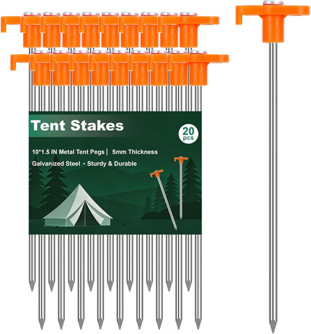 FEED GARDEN Heavy Duty Tent Stakes 10 Inch - 20 Pack Galvanized Steel Ground Anchors for Camping Tents, Canopy, Tarp - Rust Resistant Metal Pegs with High Visibility Orange Head
