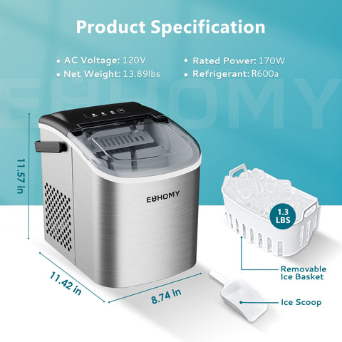 EUHOMY Countertop Ice Maker Machine with Handle, 26lbs Per Day, 9 Ice Cubes Ready in 6 Mins, Auto-Cleaning Portable Ice Maker with Basket and Scoop, for Home/Kitchen/Camping/RV (Silver)
