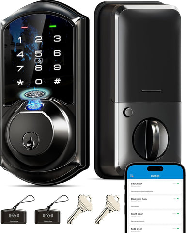 Veise VE07 Fingerprint Smart Deadbolt Lock, App Control, Fobs, Matte Black