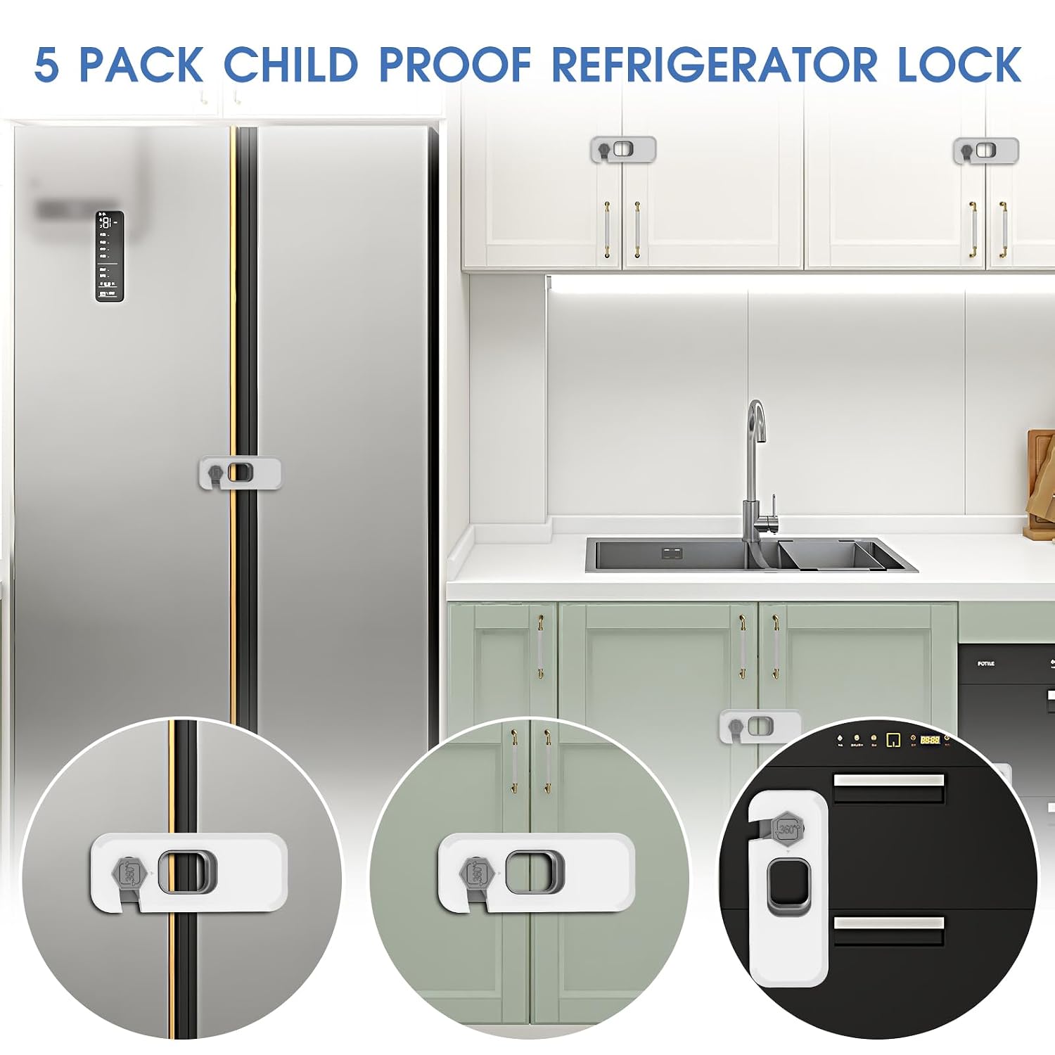 Fridge Locks with Self Adhesive, Refrigerator Latch for Cabinets, Freezer Door, Drawers, Child & Baby Proofing Safety Lock for Kids, Toddlers and Children (Grey-5pack)