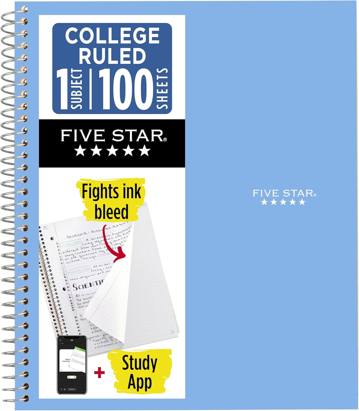 Five Star Spiral Notebook + Study App, 1 Subject, College Ruled Paper, 8.5" x 11", 100 Sheets, Blue (Color May Vary) (72565)