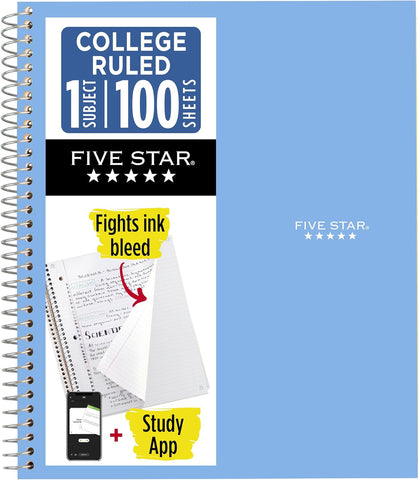Five Star Spiral Notebook + Study App, 1 Subject, College Ruled Paper, 8.5" x 11", 100 Sheets, Blue (Color May Vary) (72565)