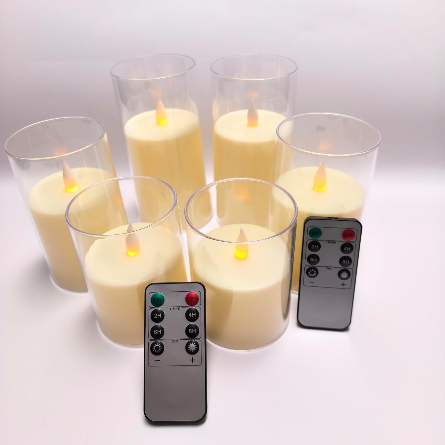 White Flickering Flameless Candles, Battery Operated Acrylic LED Pillar Candles with Remote Control and Timer, Halloween Decor, Set of 6 (Gray, 12 Pack (3" x 6")