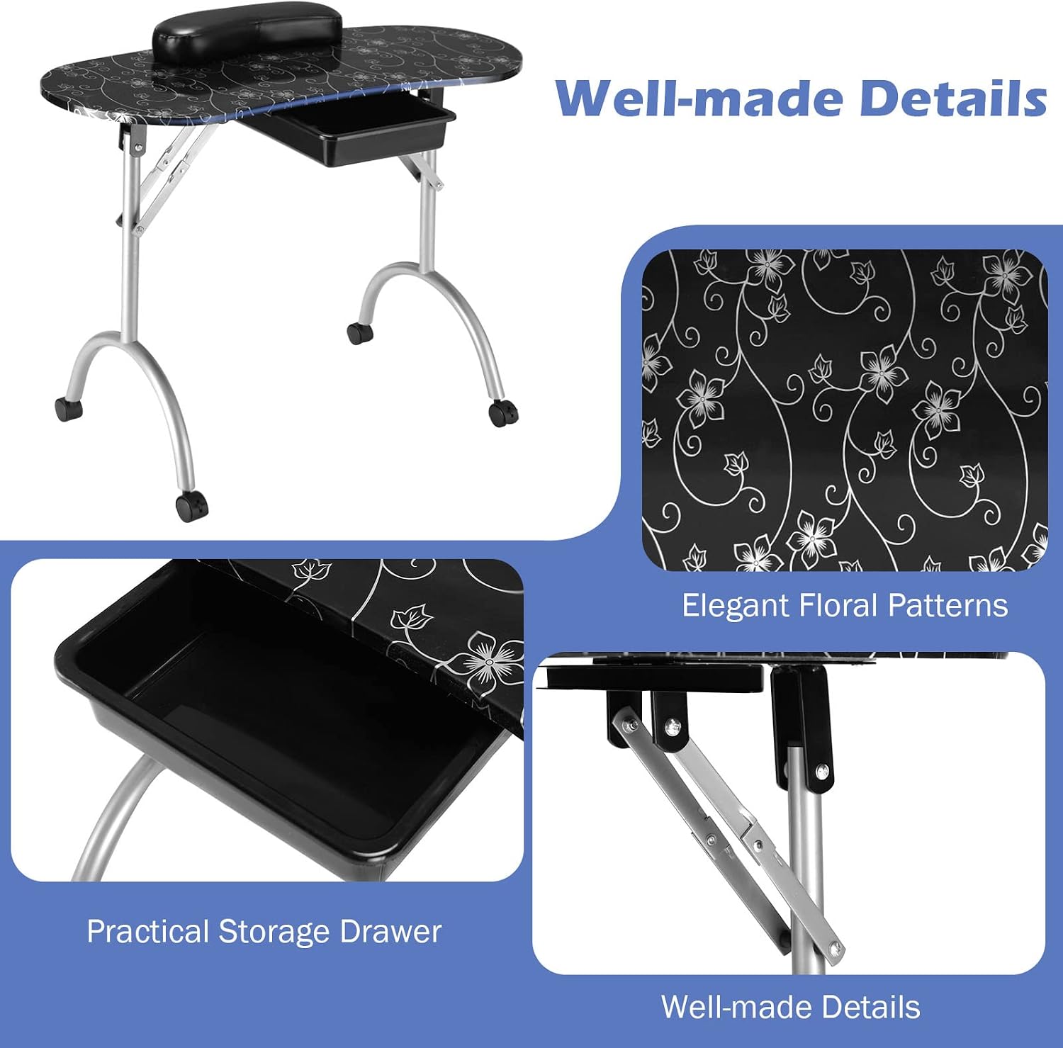 GIANTEX Foldable Nail Table with Drawer, Portable Manicure Table, Black