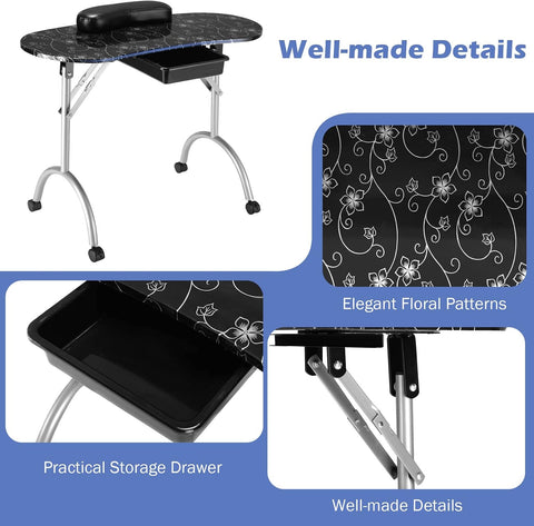 GIANTEX Foldable Nail Table with Drawer, Portable Manicure Table, Black