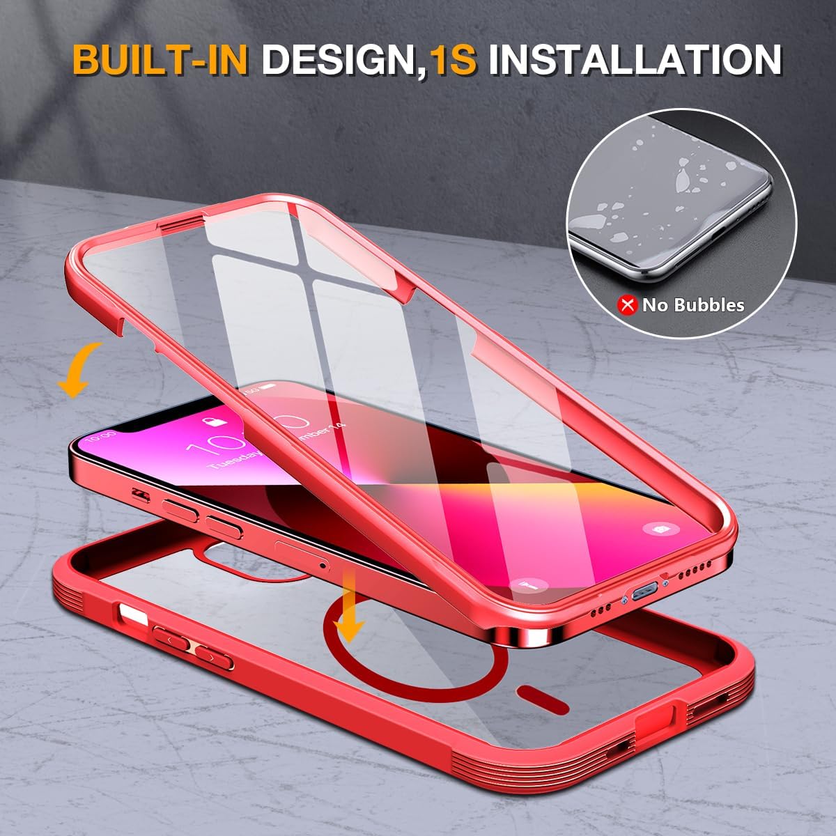 miracase for iPhone 13 mini Case 5.4",Built-in Glass Screen Protector,Red