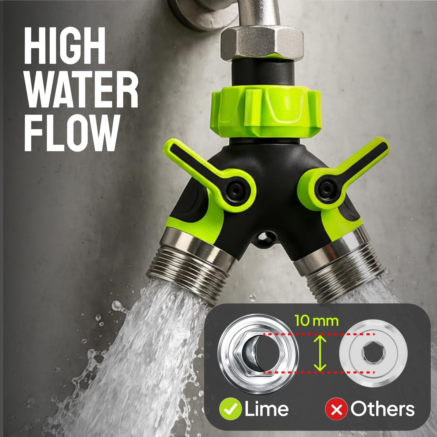 2 Way Hose Splitter Heavy Duty - Metal Y Garden Hose Splitter with Shutoff Valves, Brass Outdoor Faucet Adapter for Spigot, 3/4 Inch GHT Water Hose Connector - Green