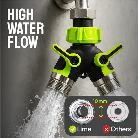 2 Way Hose Splitter Heavy Duty - Metal Y Garden Hose Splitter with Shutoff Valves, Brass Outdoor Faucet Adapter for Spigot, 3/4 Inch GHT Water Hose Connector - Green