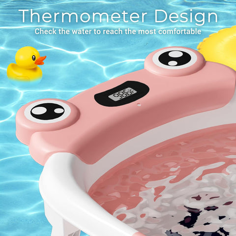 BUNWAG Baby Bathtub, Collapsible Newborn Bathtub for Infant to Toddler with Soft Cushion and Thermometer,Portable Travel Newborn Tub with No-Slip Feet, Baby Shower Gifts, 0-12 Months Baby Bath, Pink