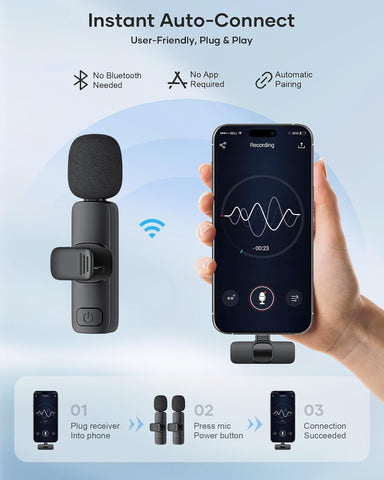2 Pack Wireless Lavalier Microphone for iPhone iPad and Android Phone, Lapel Mic Plug and Play Wireless Mic Noise Reduction Mini Microphone for Video Recording Interview Podcast Vlog YouTube Tiktok