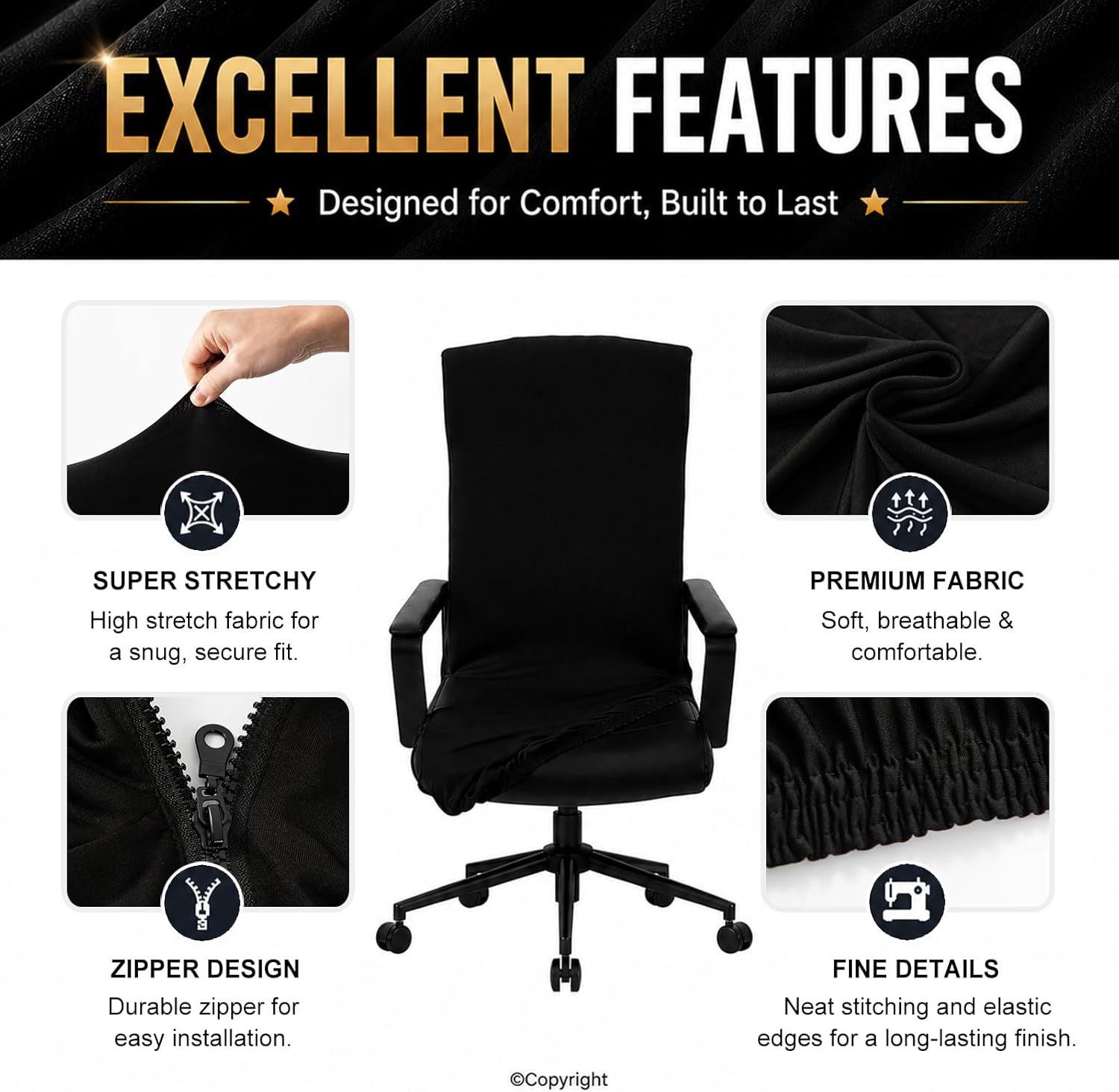Water Resistant Stretch Computer Office Chair Cover with Durable Zipper Universal Washable Removable Spandex Rotating Boss Chair Slipcovers Anti-dust Soft Desk Chair Seat Protector for Dogs Cats Pets