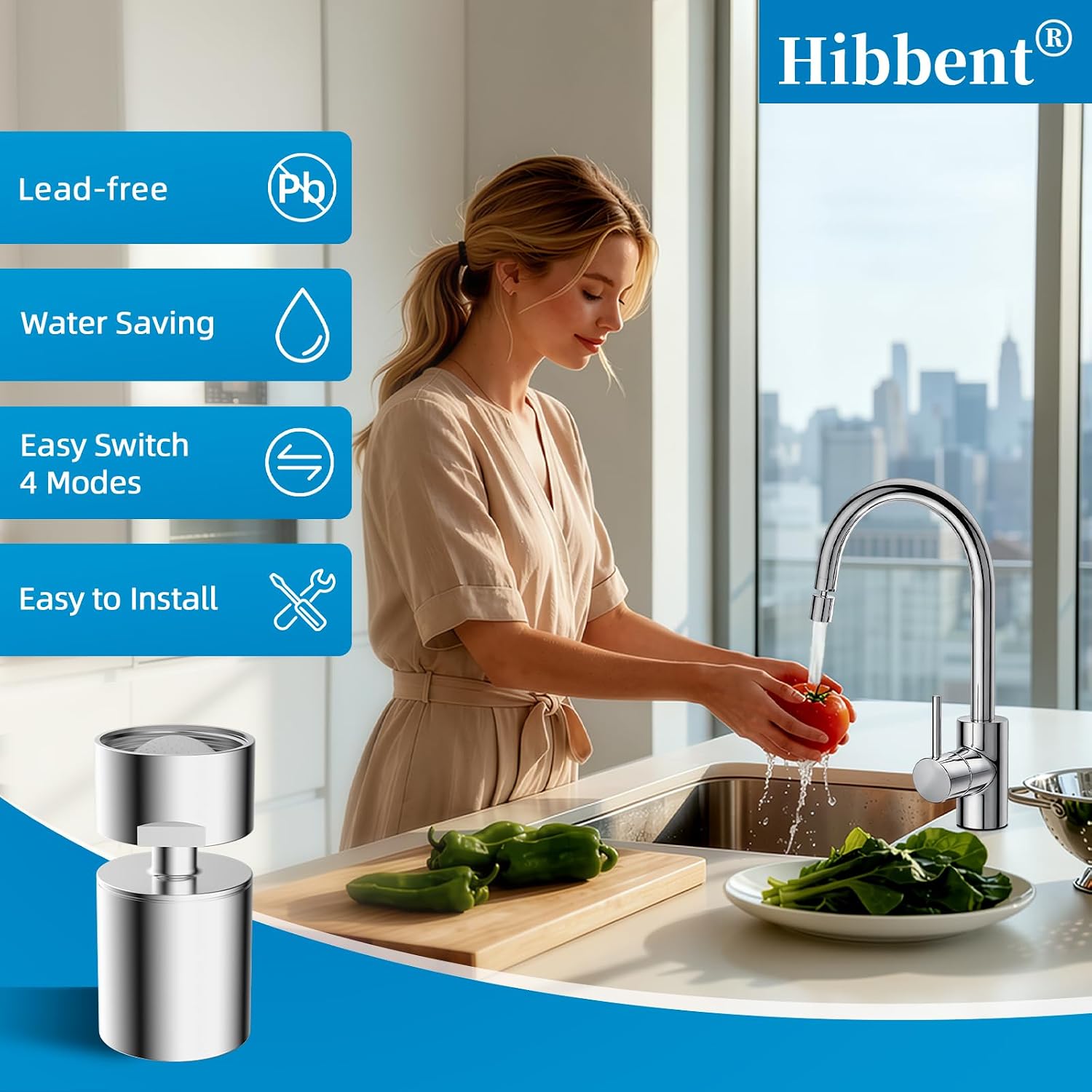 Hibbent NSF/ANSI/CAN 372 Certified 4 Modes Faucet Aerator, Chrome