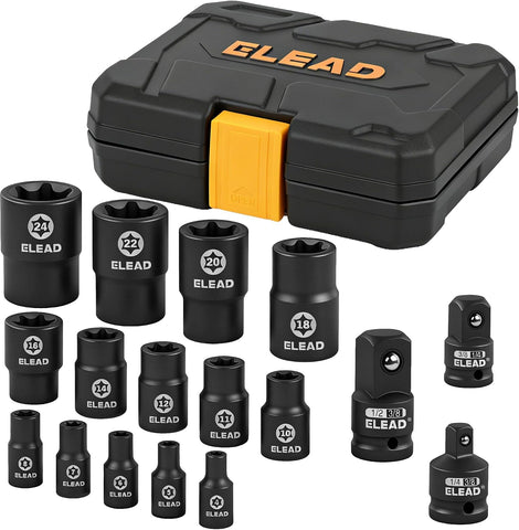 17-Piece Inverted E-Torx Socket Set - Premium Impact Cr-V Steel E4 - E24 Star Female Sockets for Impact Wrench 1/2 3/8 1/4 Drive Precision Torque Kit with Storage Case