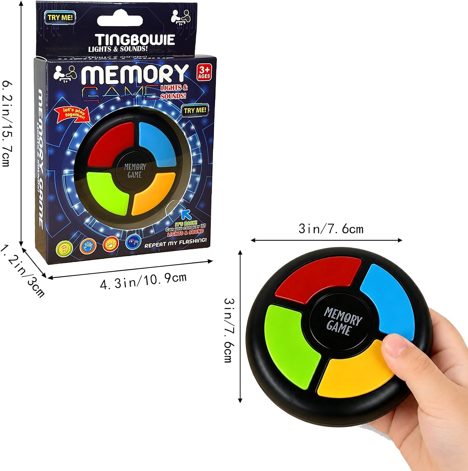 tingbowie Memory Game Handheld Electronic Toy, Color Memorizing with Lights and Sounds