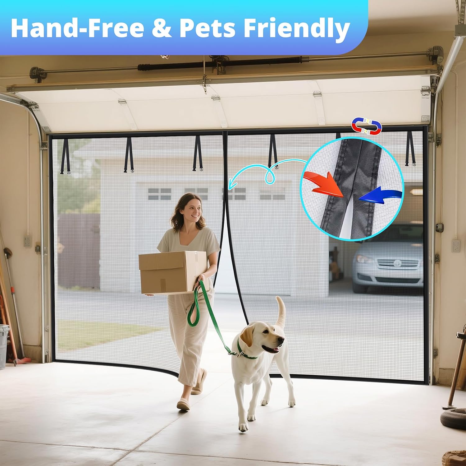 Garage Door Screen For 2 Car 12x9FT, Magnetic Screen Garage with Retractable Fiberglass Mesh and Heavy Duty Weighted Bottom, Easy Assembly & Pass, Hands Free Screen Door w/ 44 Magnets for Garage/Patio