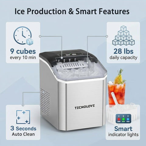 Countertop Ice Maker, 9 Ice Cubes in 10 Minutes, Self-Cleaning Portable Ice Machine with Scoop and Basket, 28lbs/24H, Ultra Quiet Stainless Steel for Home Kitchen Bar Party