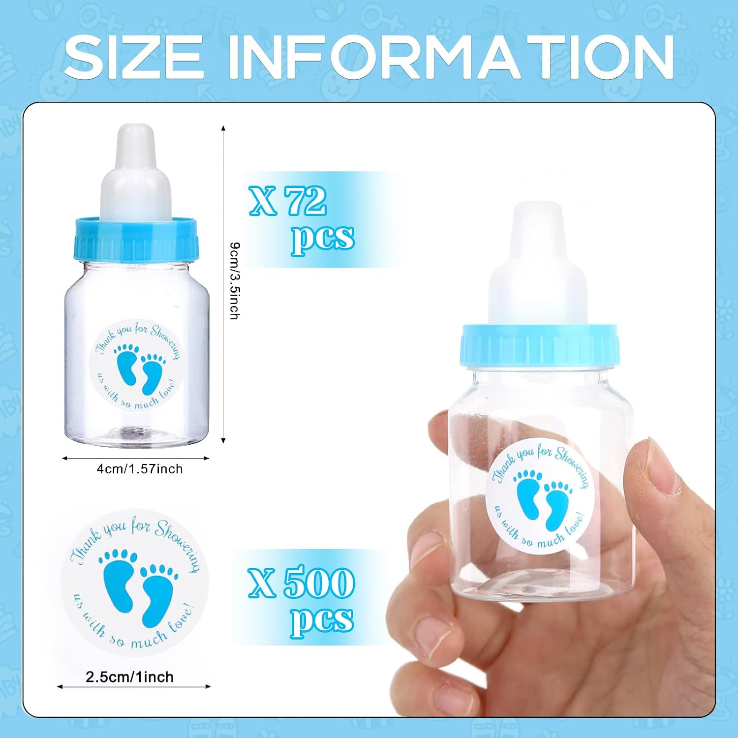 72 Pieces of Mini Baby Shower Milk Bottles Favors for Baby Shower White Plastic Mini Bottles Party Favors Boy Party Games Decorations (Blue)