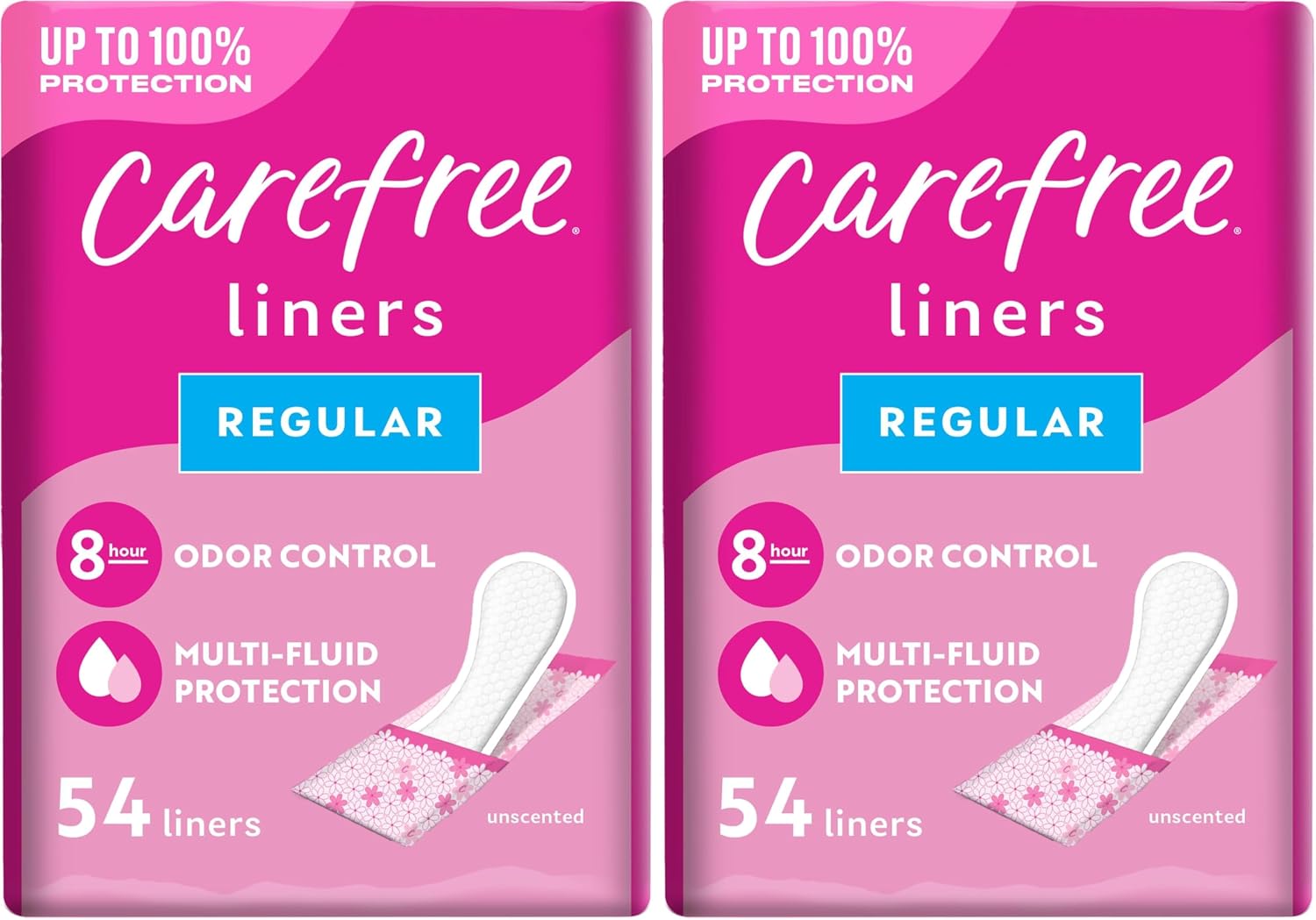 Carefree Panty Liners for Women, Regular, Wrapped, Unscented, 54ct (Pack of 2)