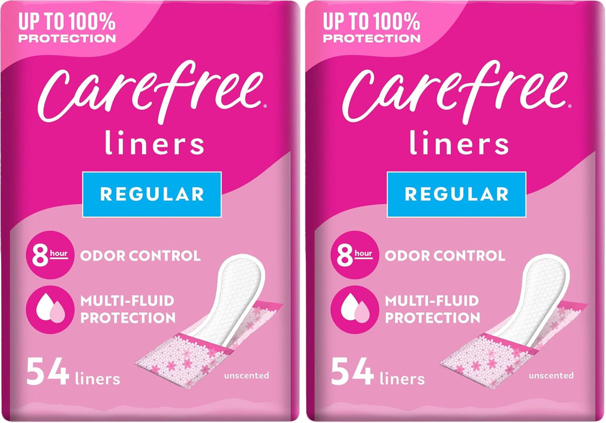 Carefree Panty Liners for Women, Regular, Wrapped, Unscented, 54ct (Pack of 2)