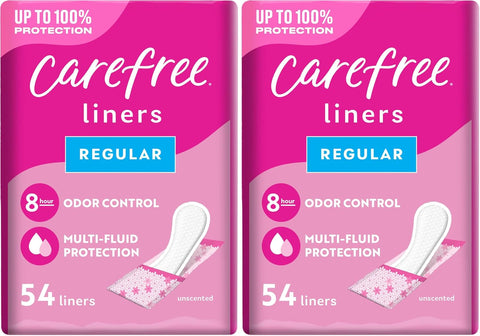 Carefree Panty Liners for Women, Regular, Wrapped, Unscented, 54ct (Pack of 2)
